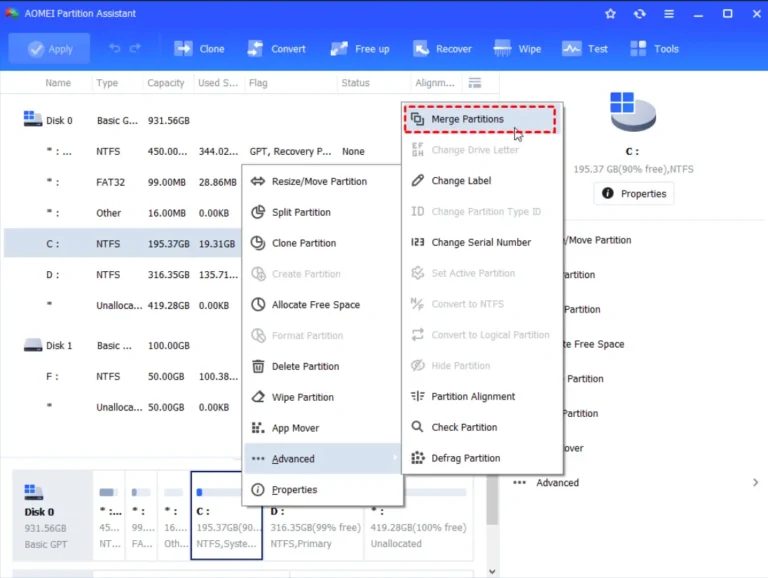 Tela do AOMEI Partition Assistant
