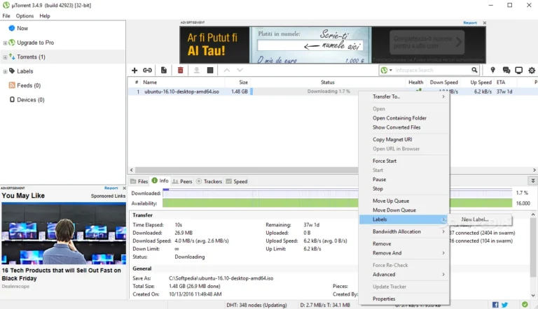Tela do uTorrent Download